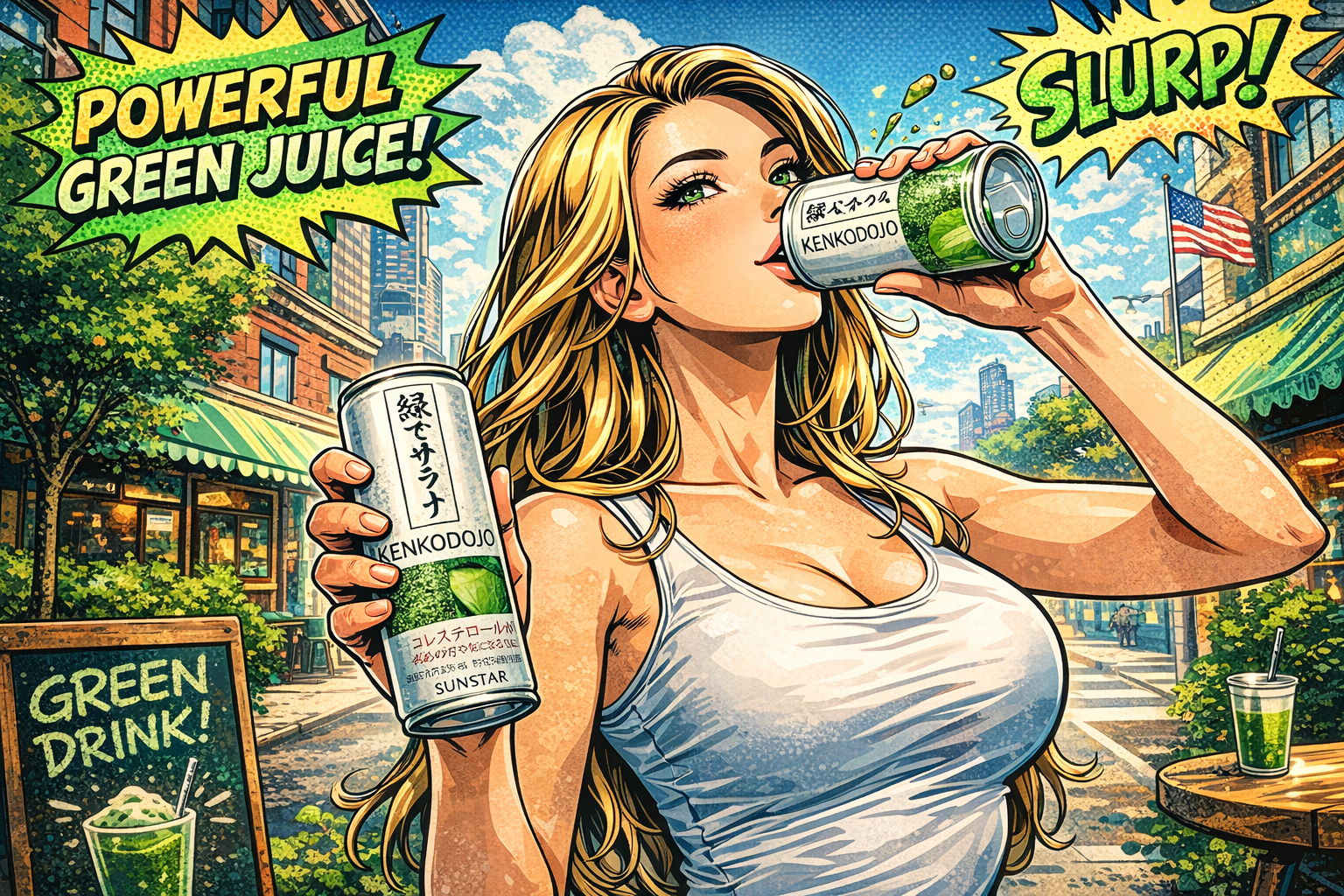 緑でサラナを飲む女性