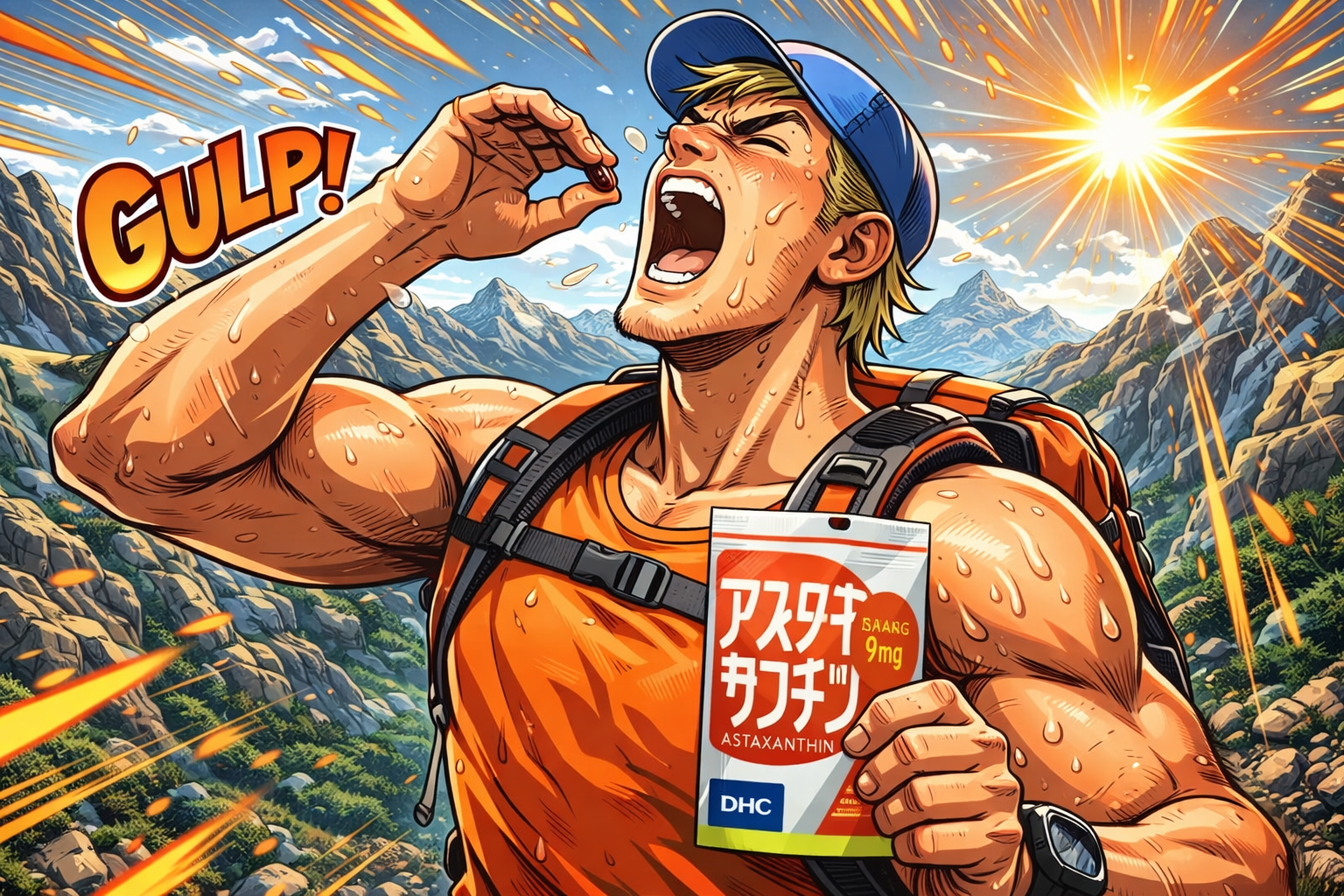 DHCアスタキサンチンを山で飲む男性