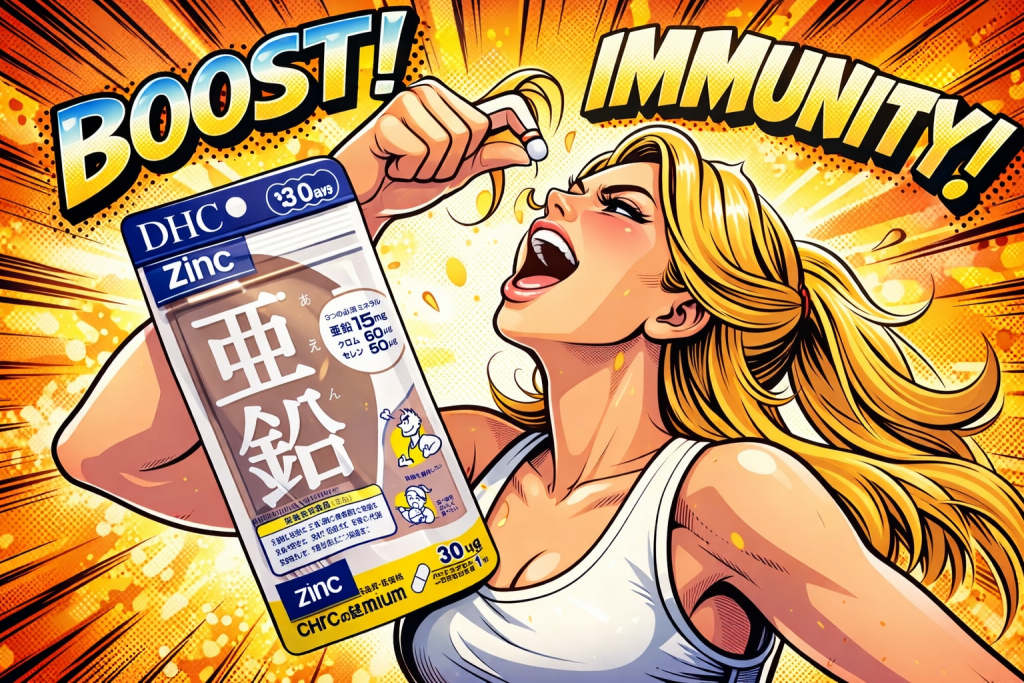 DHC亜鉛のサプリメントを飲む女性