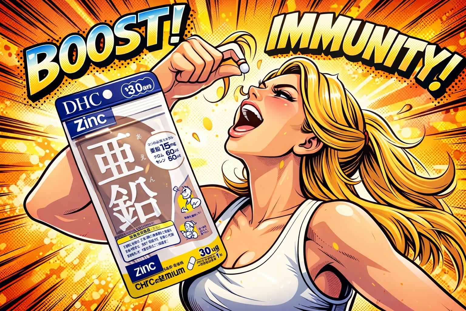 DHC亜鉛のサプリメントを飲む女性