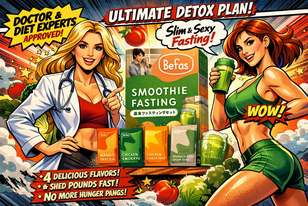 Befasスムージーファスティングのパッケージと美女二人
