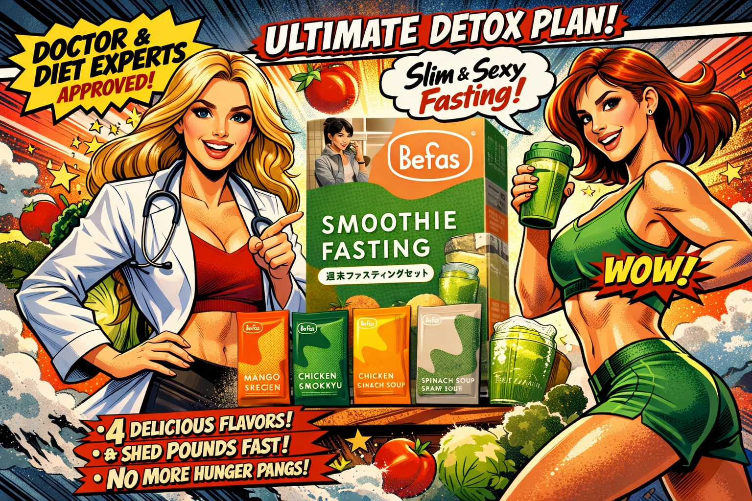 Befasスムージーファスティングのパッケージと美女二人