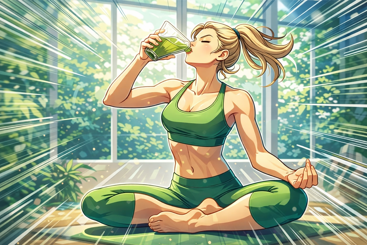 teaflexグリーンティを飲んでヨガをする女性